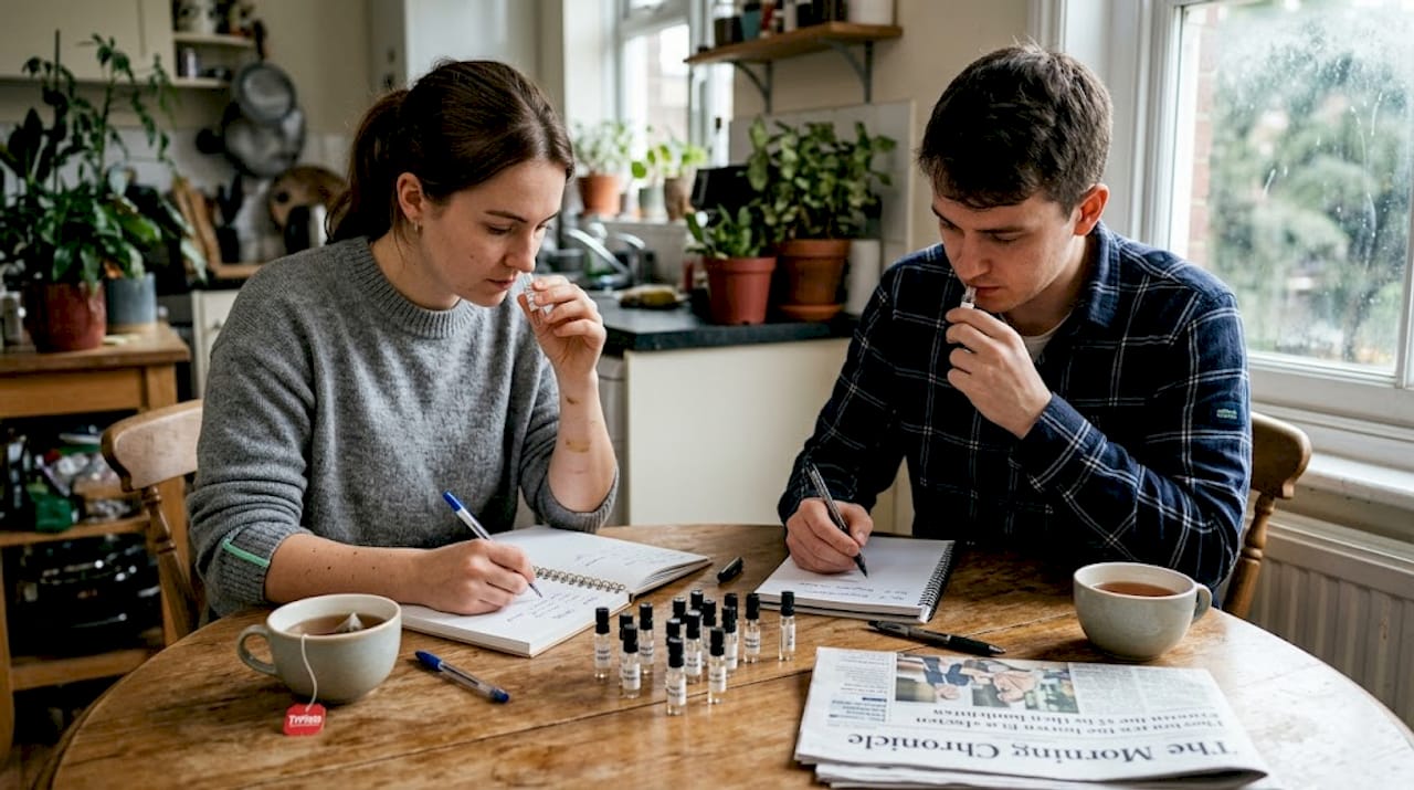 Testing perfume samples at sunlit kitchen table