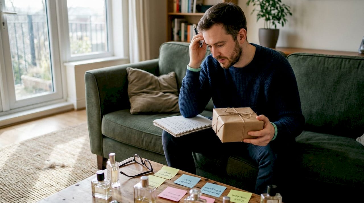 Man considering perfume gift choices
