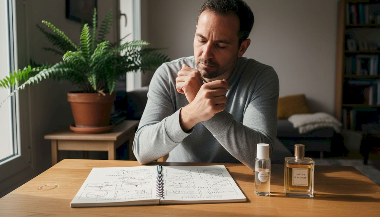Un homme assis à sa table, chez lui, prend le temps de comparer différents parfums, les senteurs à la main, hésitant entre plusieurs flacons avant de faire son choix.