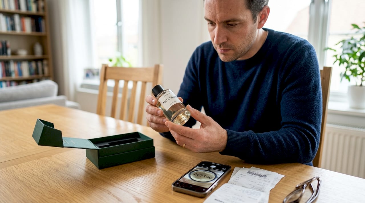 Un hombre comprueba el código de lote de su perfume