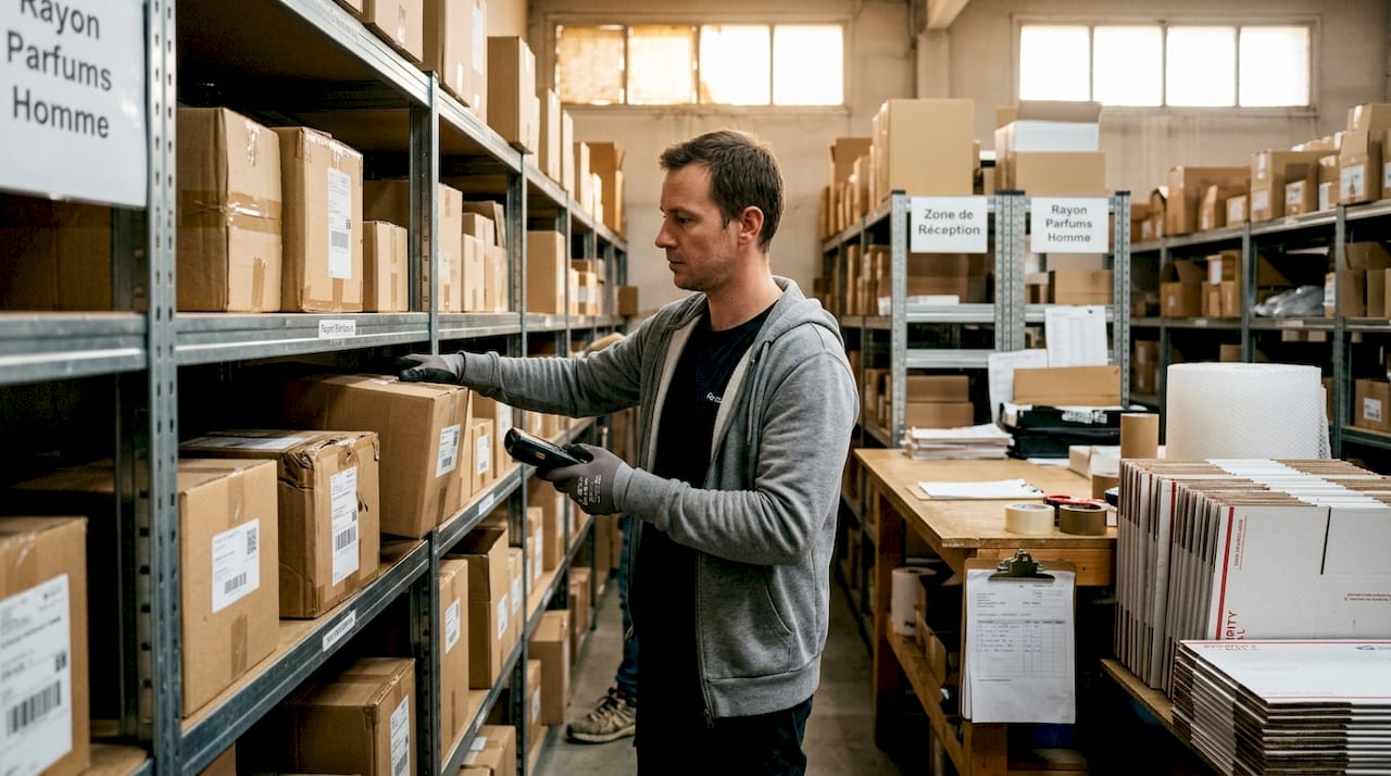 Un employé d’entrepôt en train de décharger des cartons de parfums.