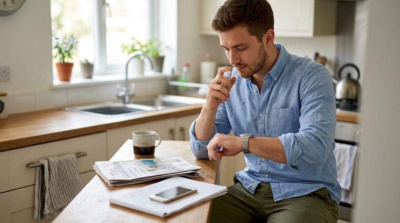Man timing fragrance longevity at kitchen counter