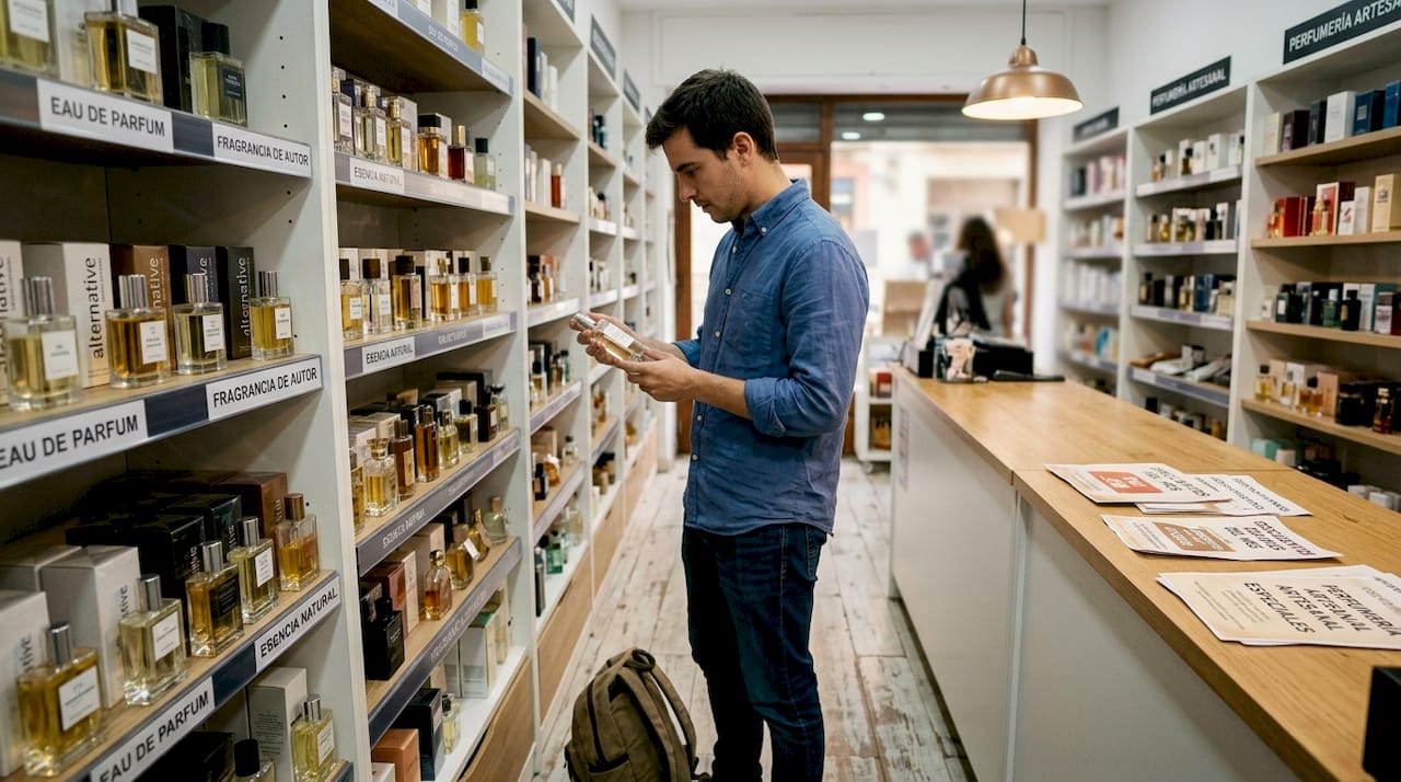 Cliente probando diferentes perfumes alternativos en la tienda