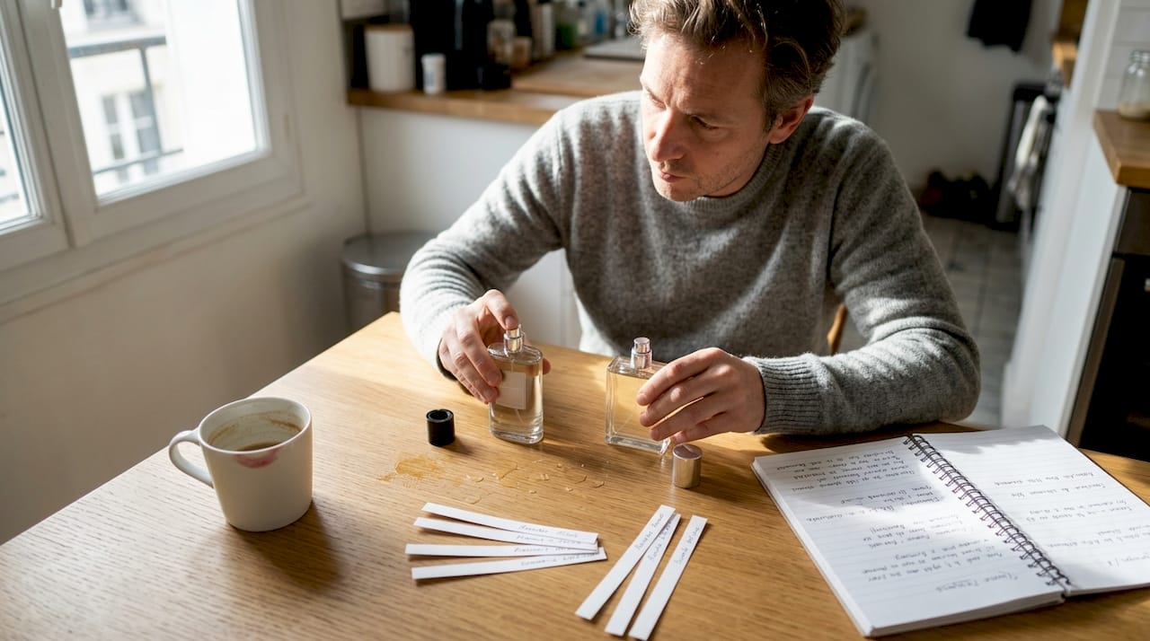 Un homme hésite entre deux flacons de parfum posés sur la table, les comparant attentivement.