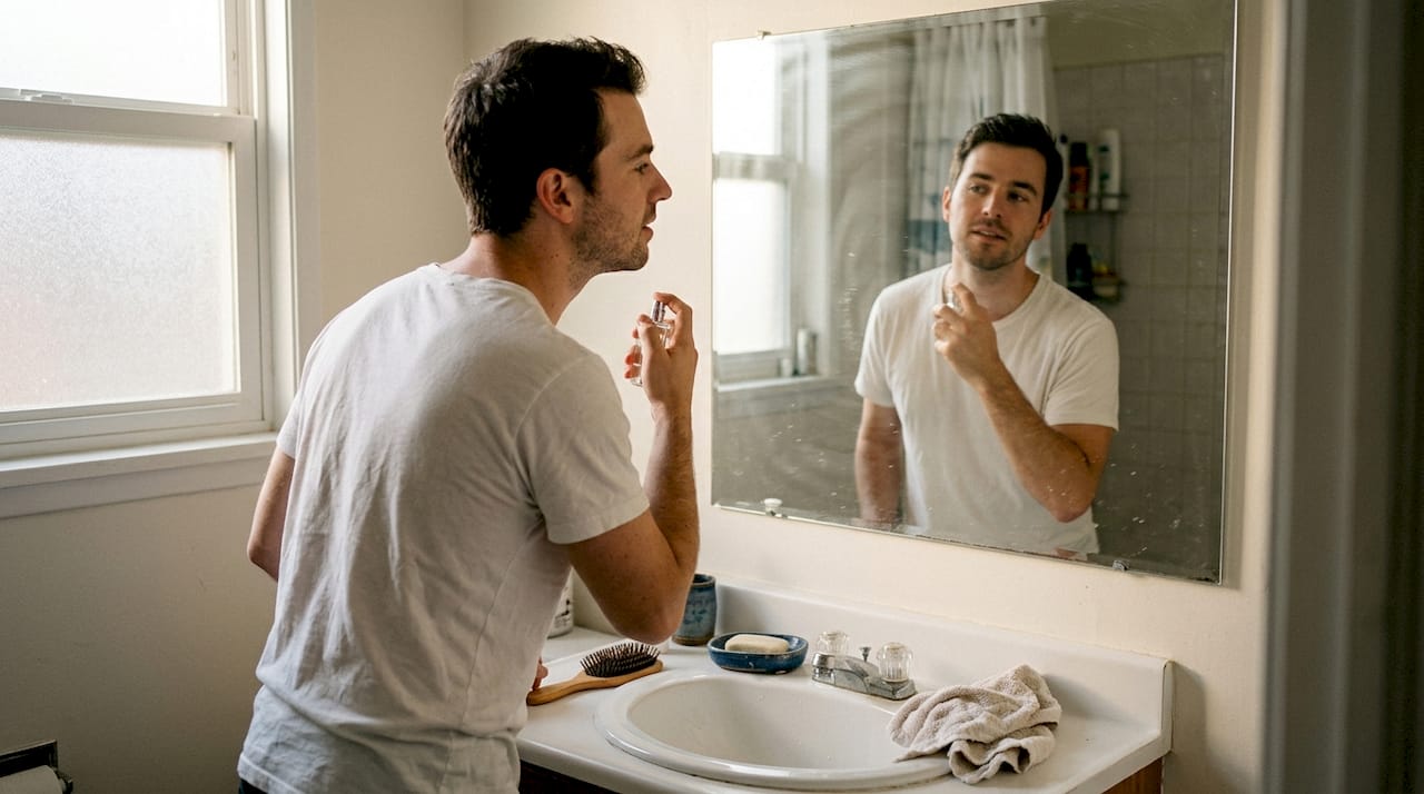 Un hombre se perfuma frente al espejo en el baño de su casa.