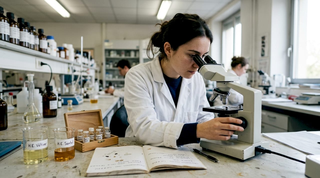 Un spécialiste des parfums observe minutieusement la composition des ingrédients à l’aide d’un microscope.