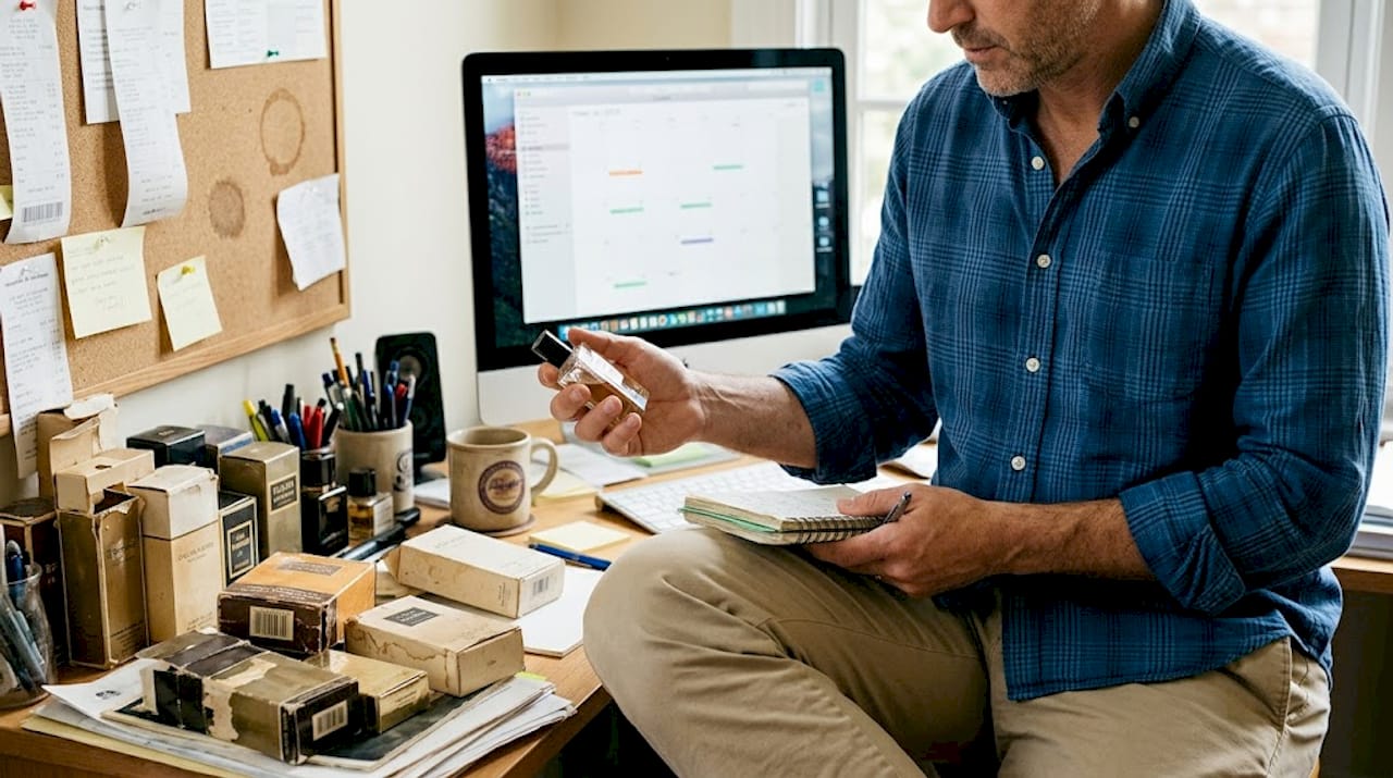 Man assessing perfume in home office