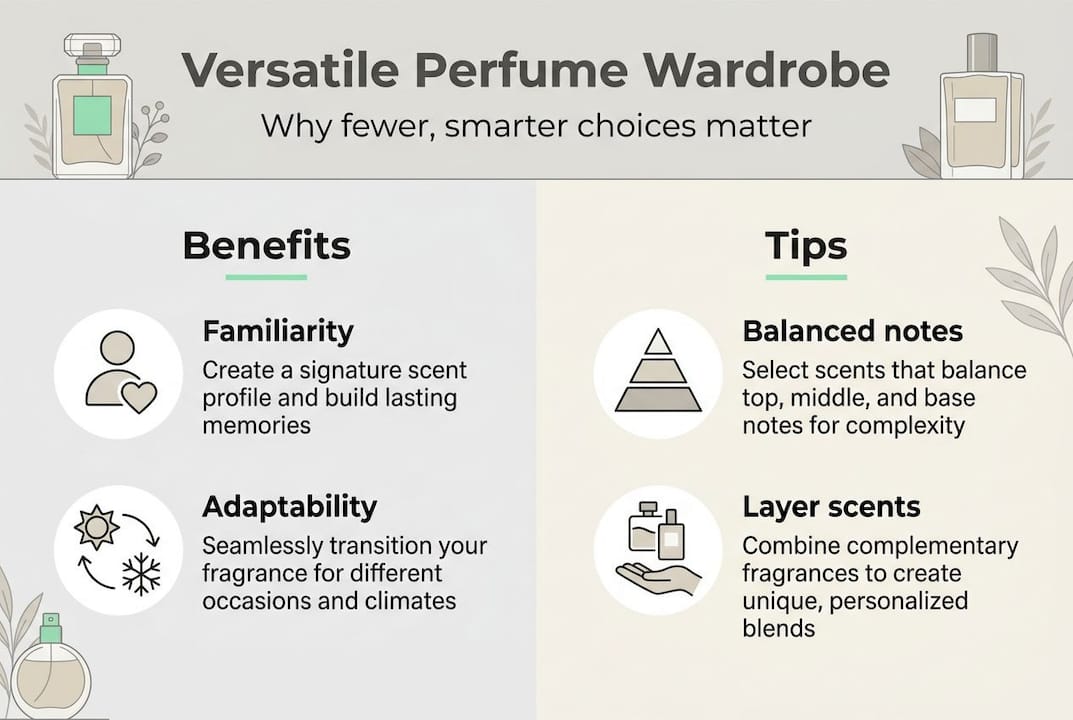 Infographic showing perfume wardrobe benefits and tips