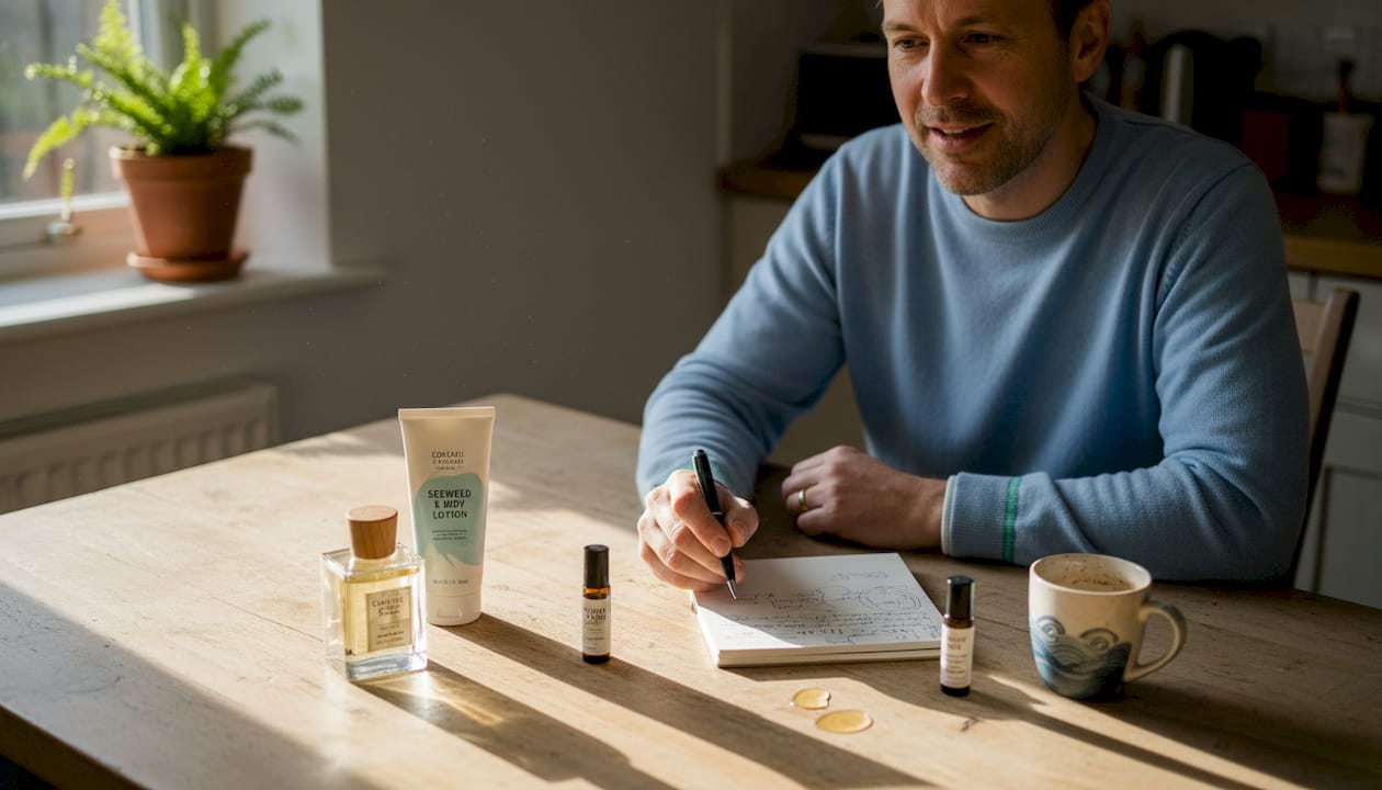 Man taking notes while layering fragrances