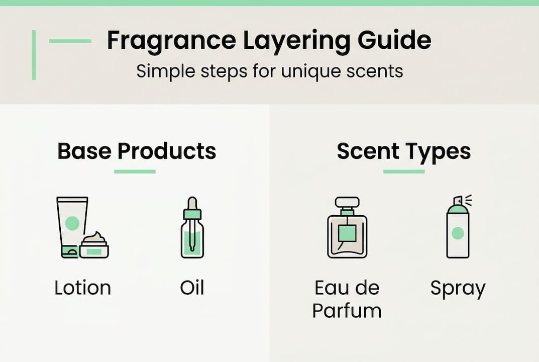 Infographic of fragrance layering steps and products