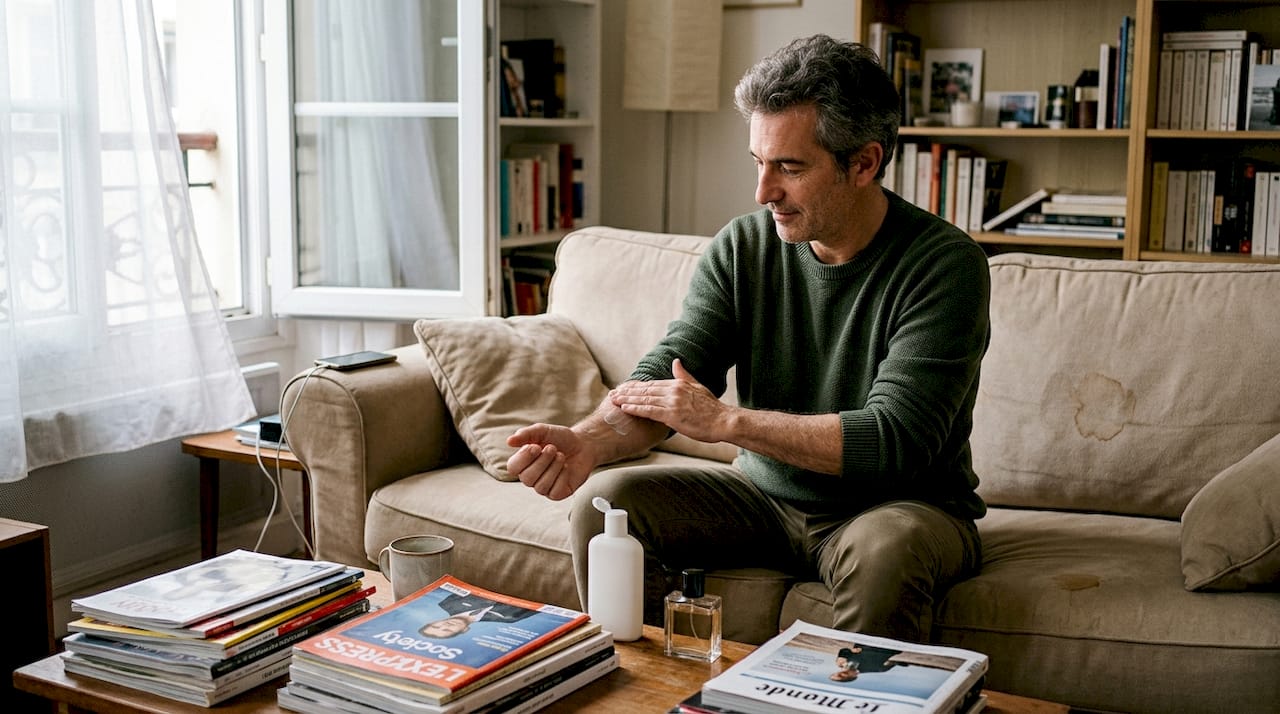 Avant de se parfumer, cet homme prend le temps d’hydrater sa peau pour mieux fixer la fragrance.