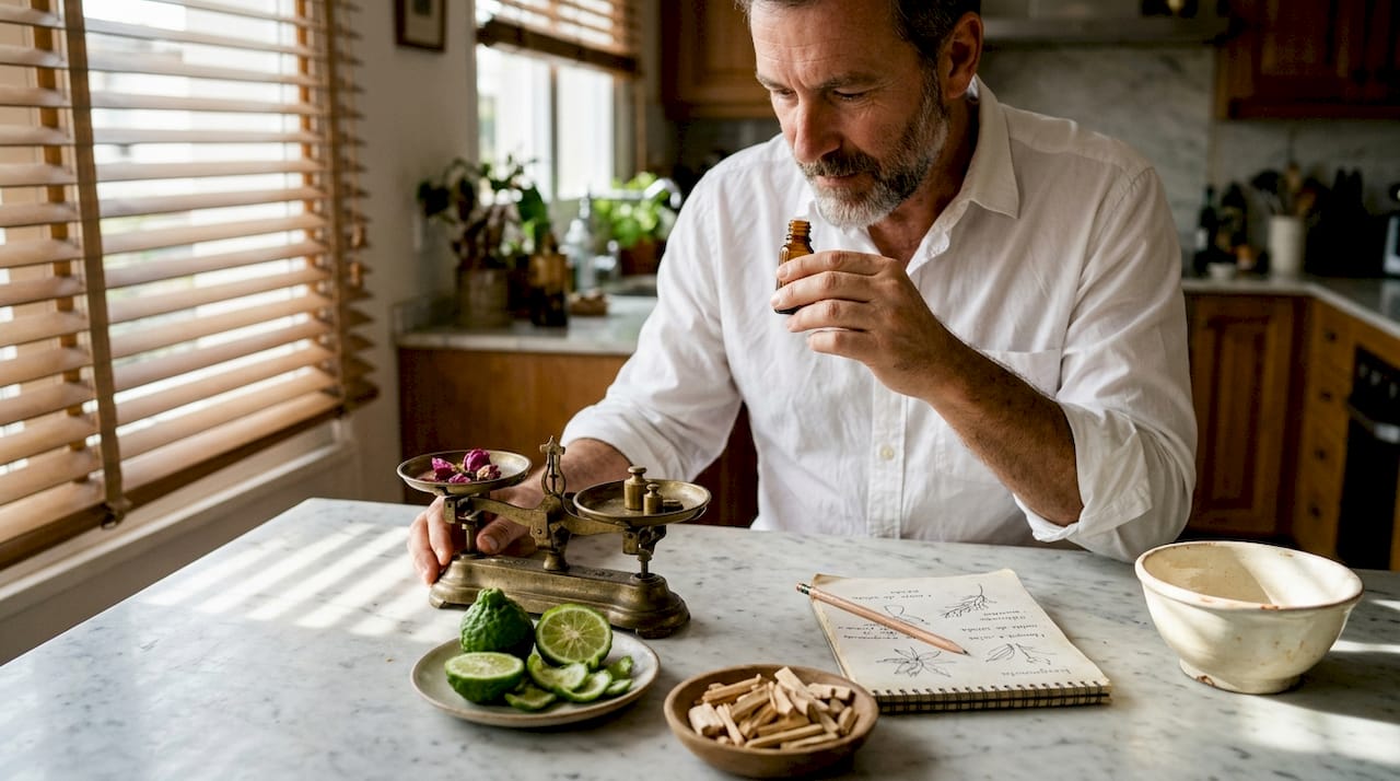 Maestro perfumista trabajando con esencias exclusivas y poco comunes