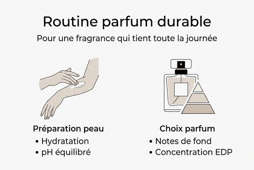 Visuel explicatif : les étapes de votre rituel parfum et la structure d’une pyramide olfactive