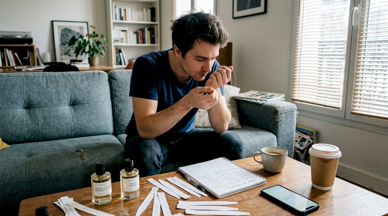 Un homme teste différents parfums alternatifs en les vaporisant sur ses poignets pour comparer leurs senteurs.
