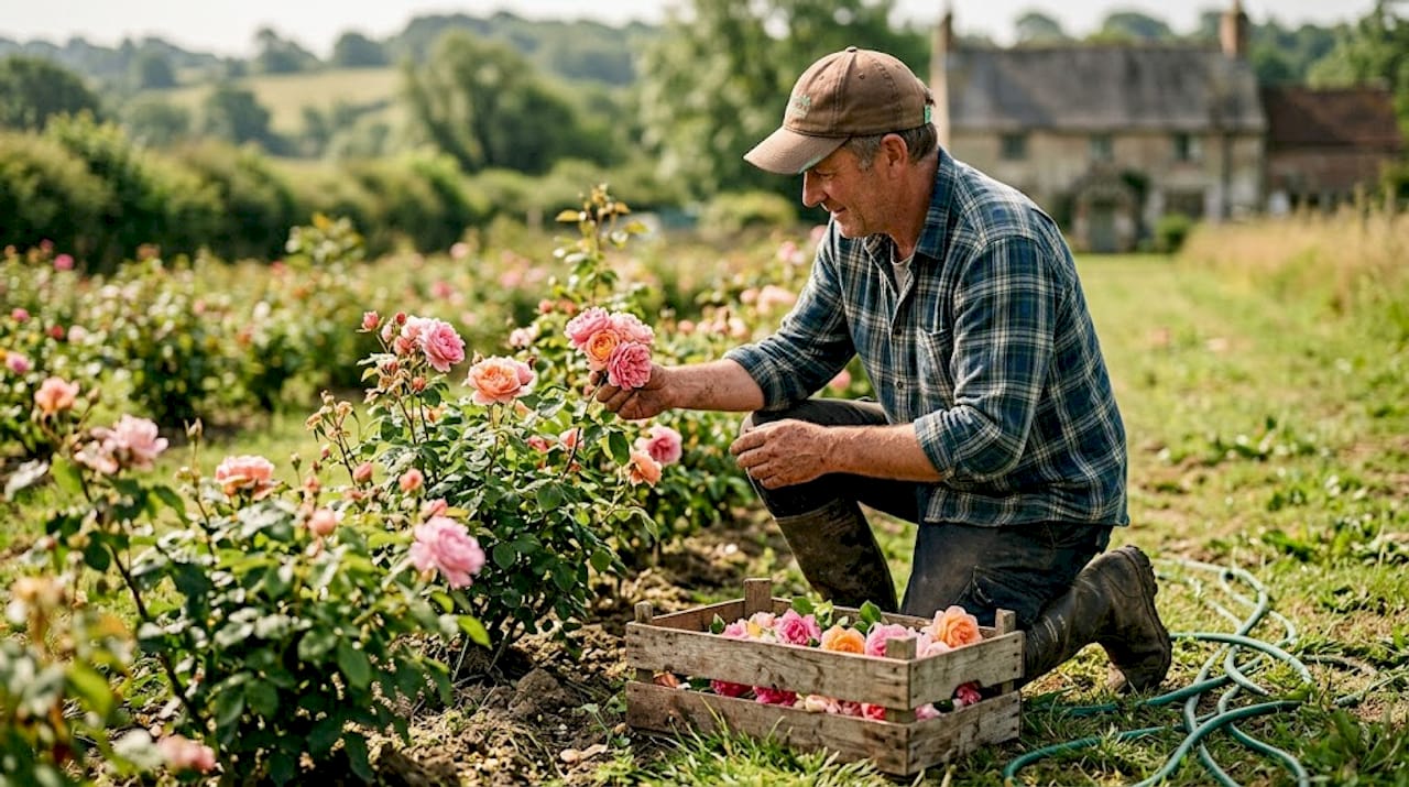 Farmer inspecting rose bushes for perfume sourcing