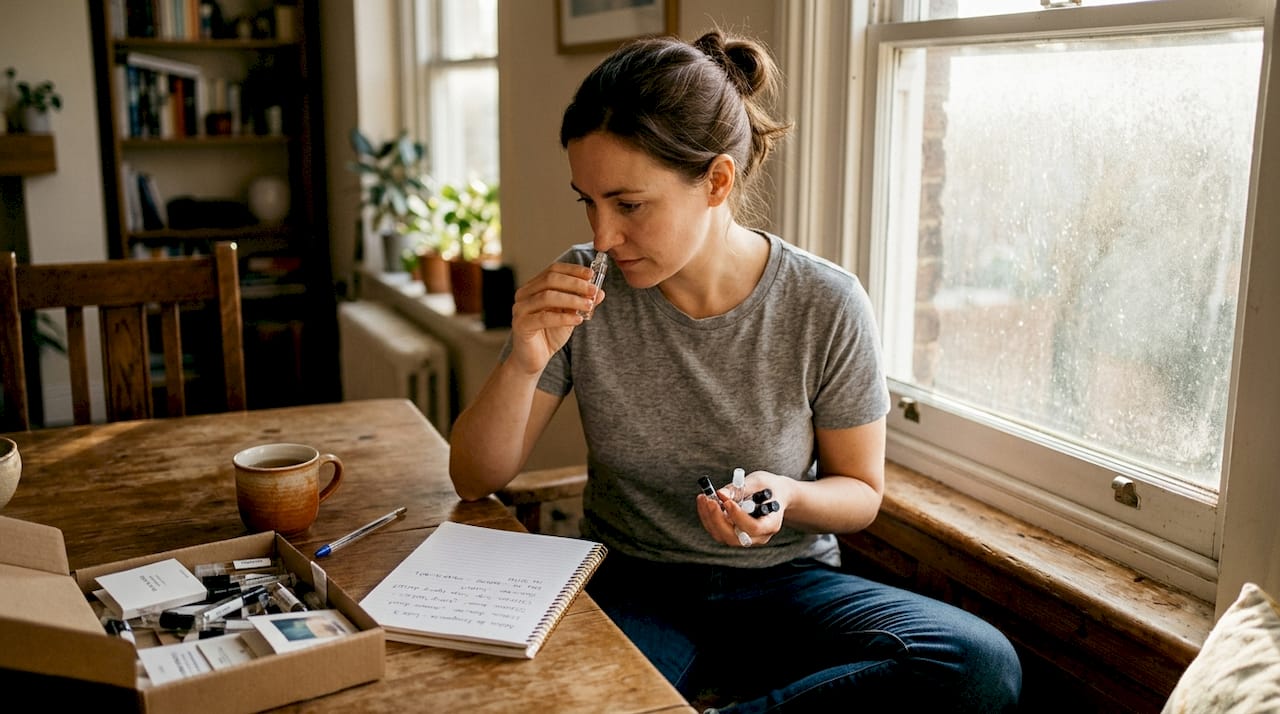 Una mujer prueba diferentes perfumes de fragancia floral para encontrar el que más le gusta.
