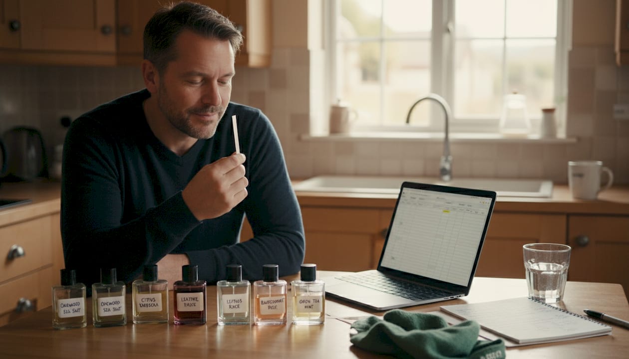 Organized perfume testing in kitchen setting
