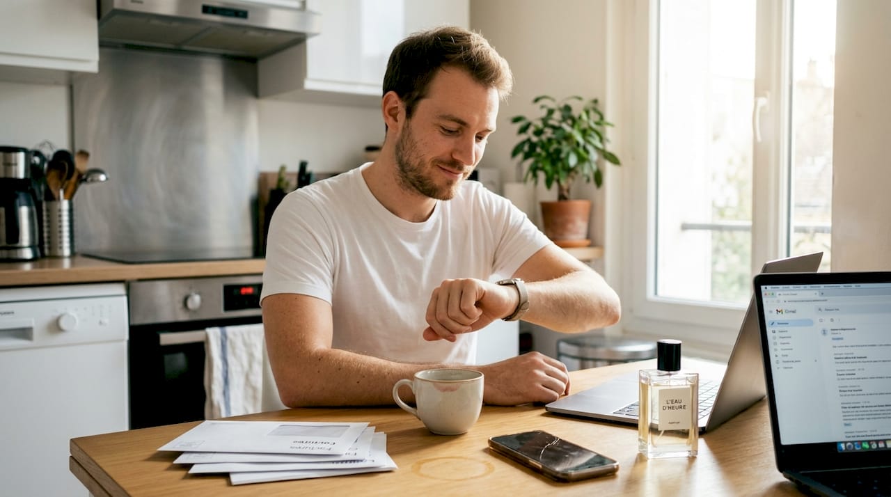 Assis à sa table, un homme vérifie combien de temps son parfum tient en consultant sa montre.