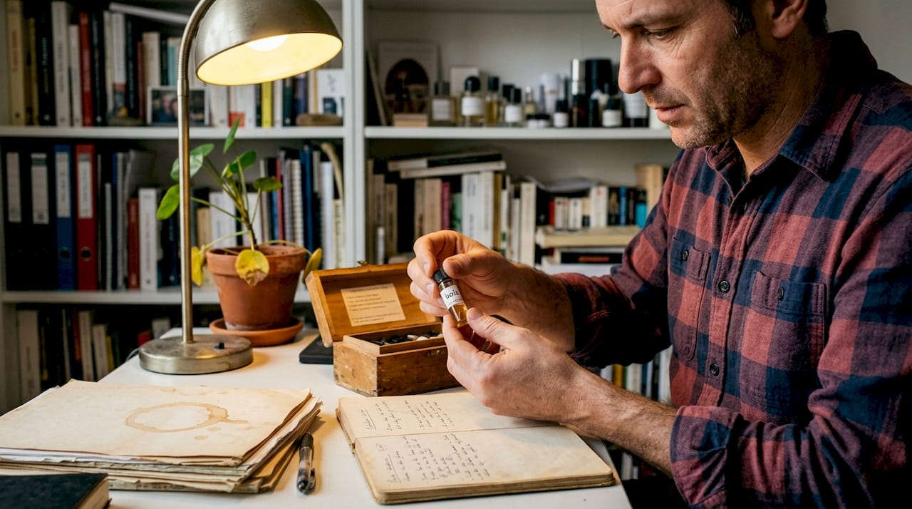 Un homme observe attentivement une fiole contenant un ingrédient de parfum, assis à son bureau.