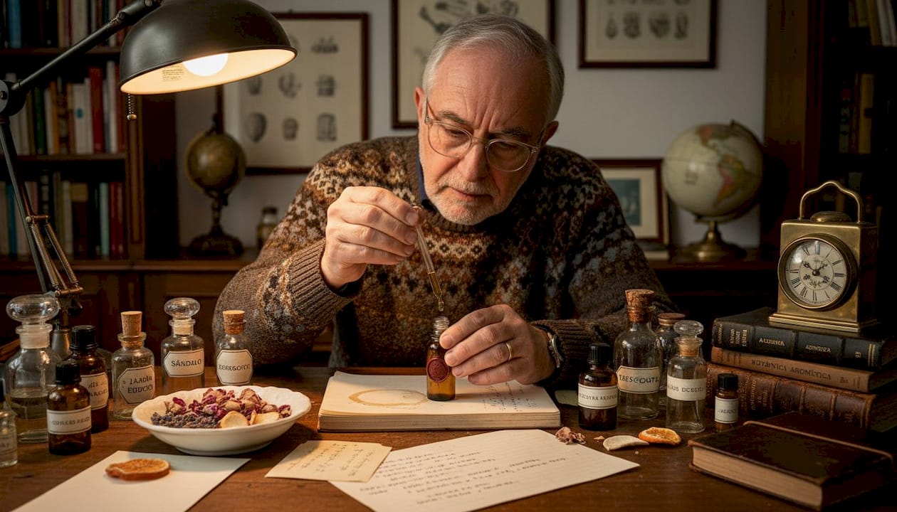 Hombre revisando frascos de perfume sobre su mesa de trabajo
