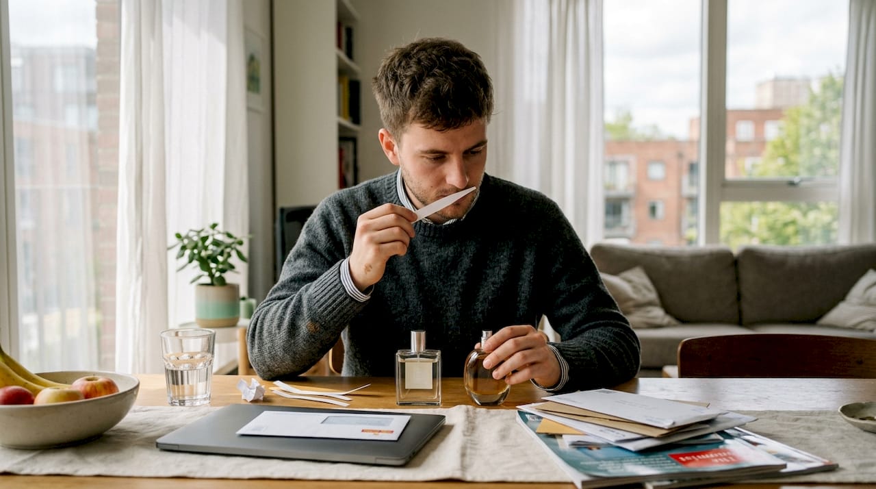 Man comparing perfume dupes at dining table