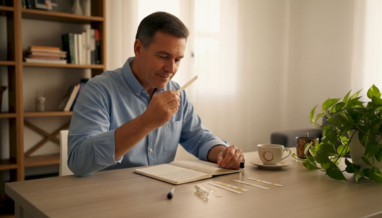 Hombre probando diferentes fragancias en casa