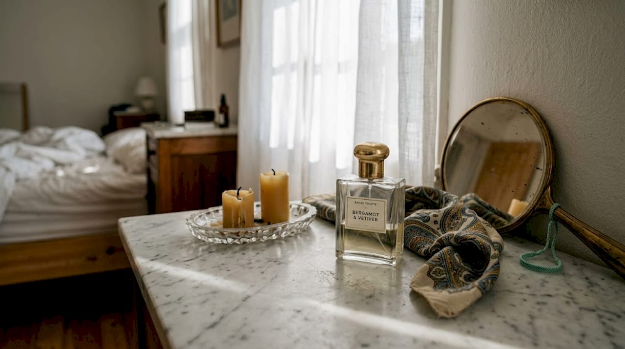 Perfume bottle on marble vanity with scarf