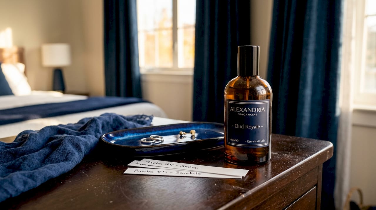 Un frasco de perfume acompañado de tiras para probar fragancias sobre la cómoda.