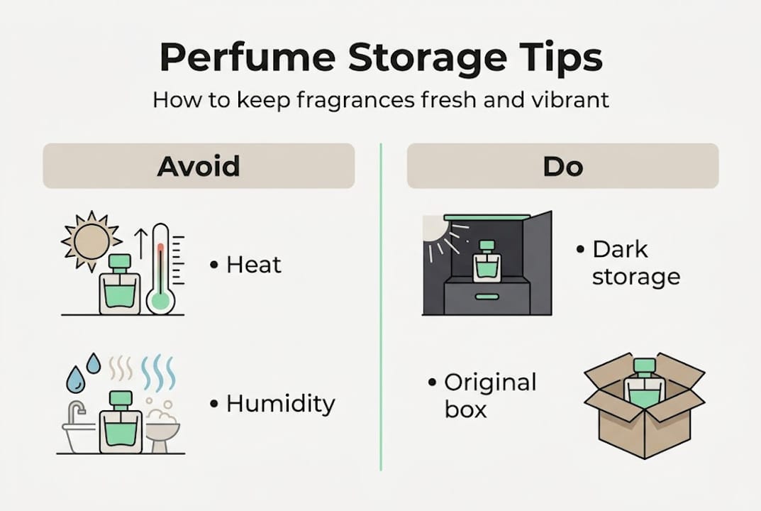 Infographic showing perfume storage tips and risks