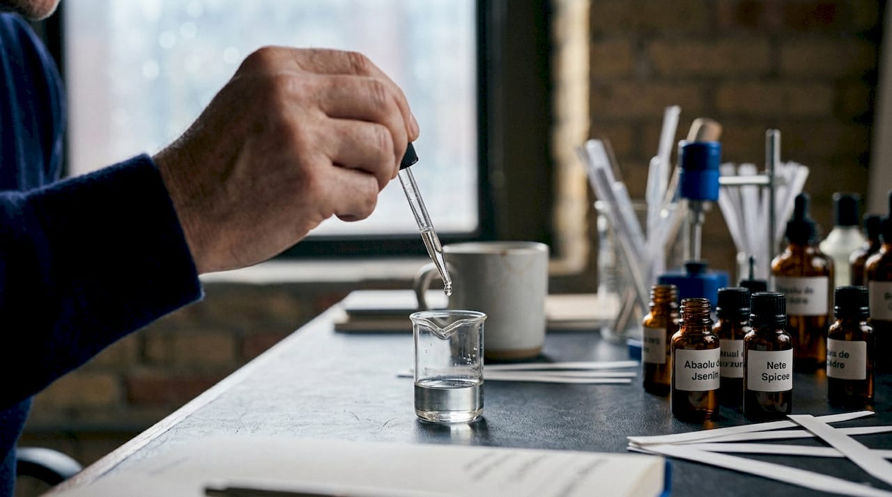 Dans son atelier encombré, un parfumeur assemble patiemment différentes essences, cherchant l’accord parfait entre créativité et savoir-faire.