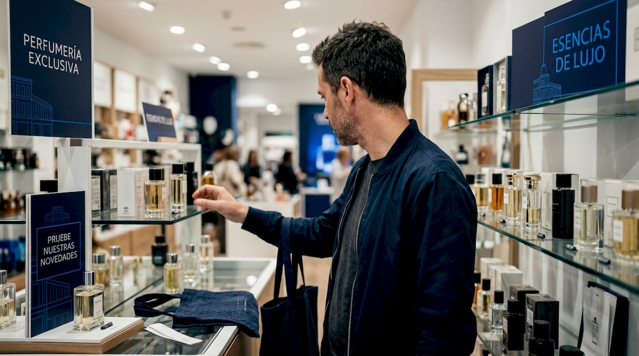 Un hombre revisa las diferentes fragancias en la sección de perfumes de una tienda.