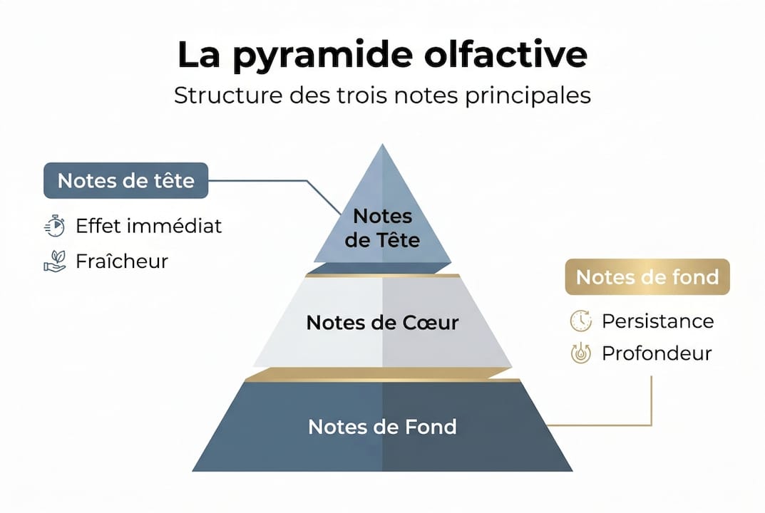 Découvrez en un coup d’œil la structure olfactive d’un parfum grâce à cette infographie dédiée à la pyramide des senteurs.
