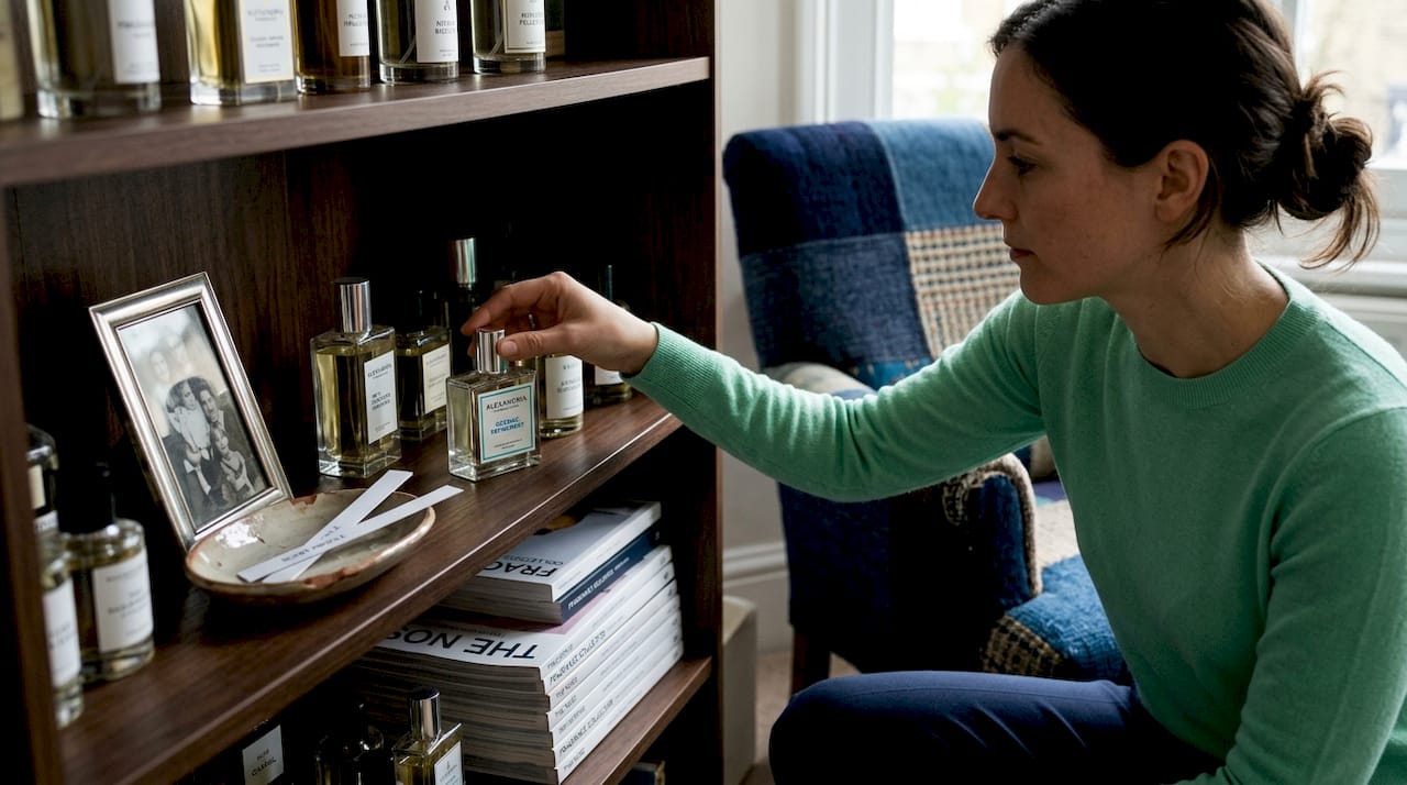 Perfume collector arranging fragrance bottles