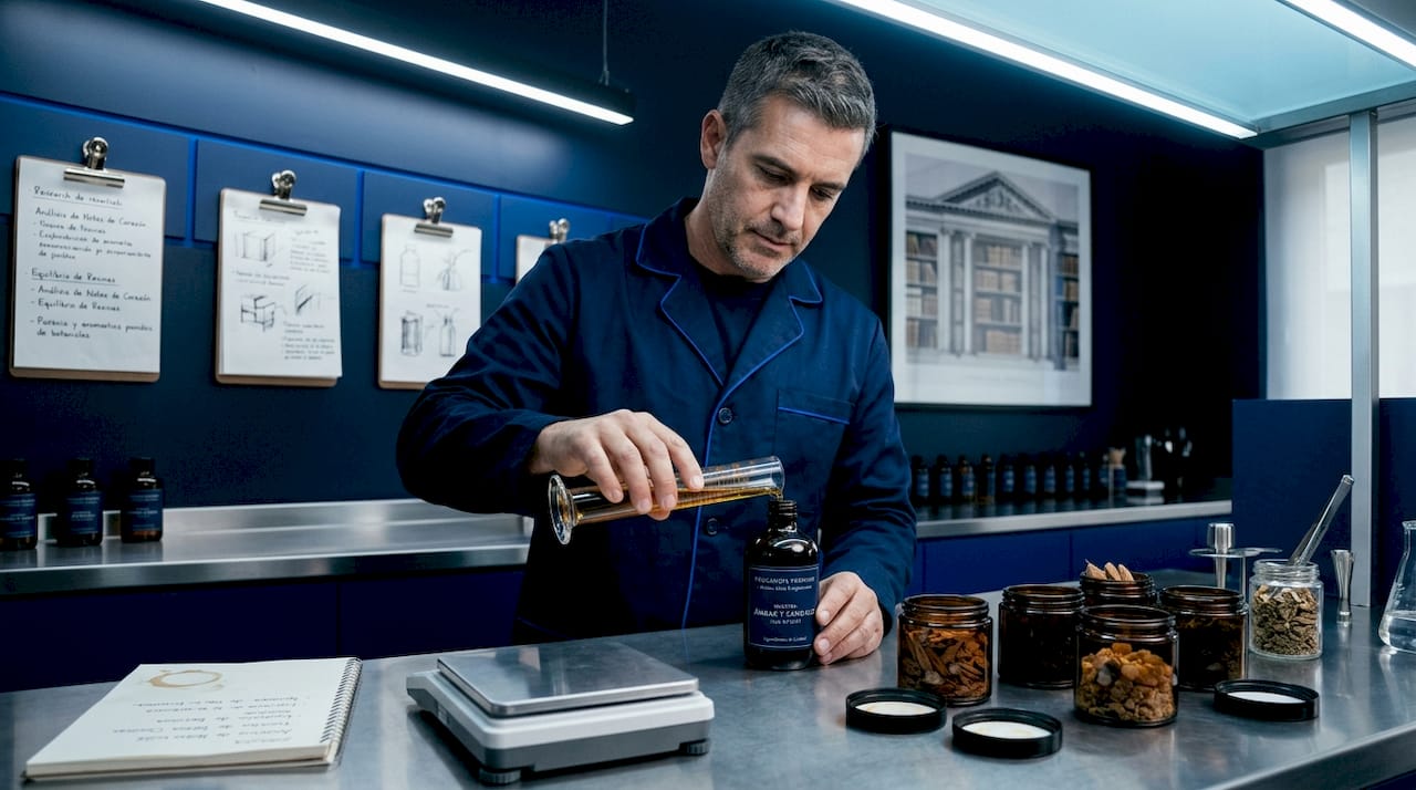 Un técnico de laboratorio vierte aceite aromático en un frasco.