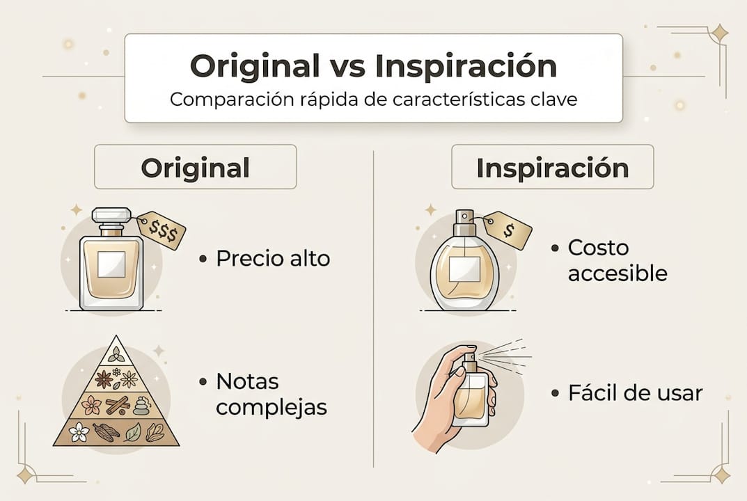 Infografía que muestra las diferencias entre perfumes auténticos y sus versiones inspiradas