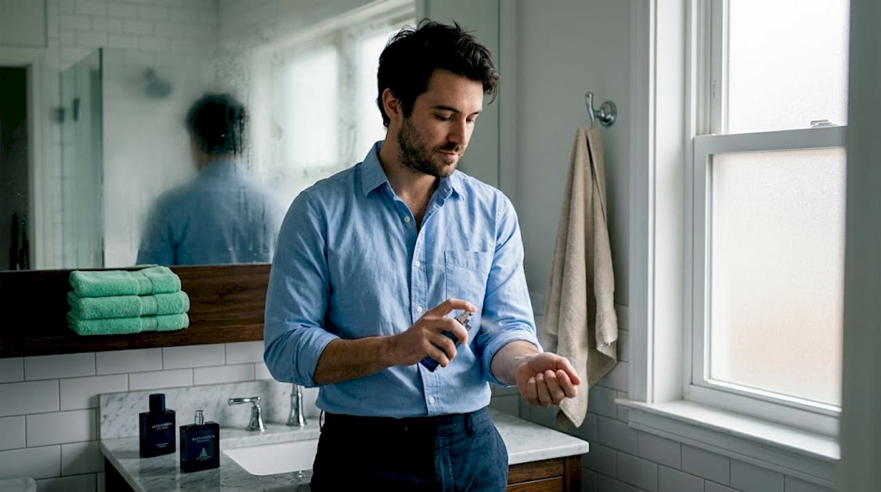 Man applying summer fragrance in bright bathroom