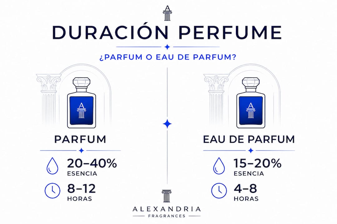 Infografía sobre la duración del parfum y el eau de parfum: ¿cuál permanece más tiempo en la piel?