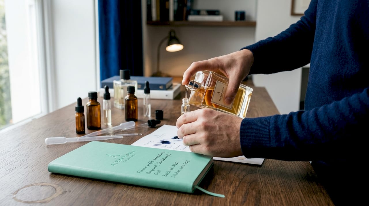 Hands decanting perfume into small glass vial