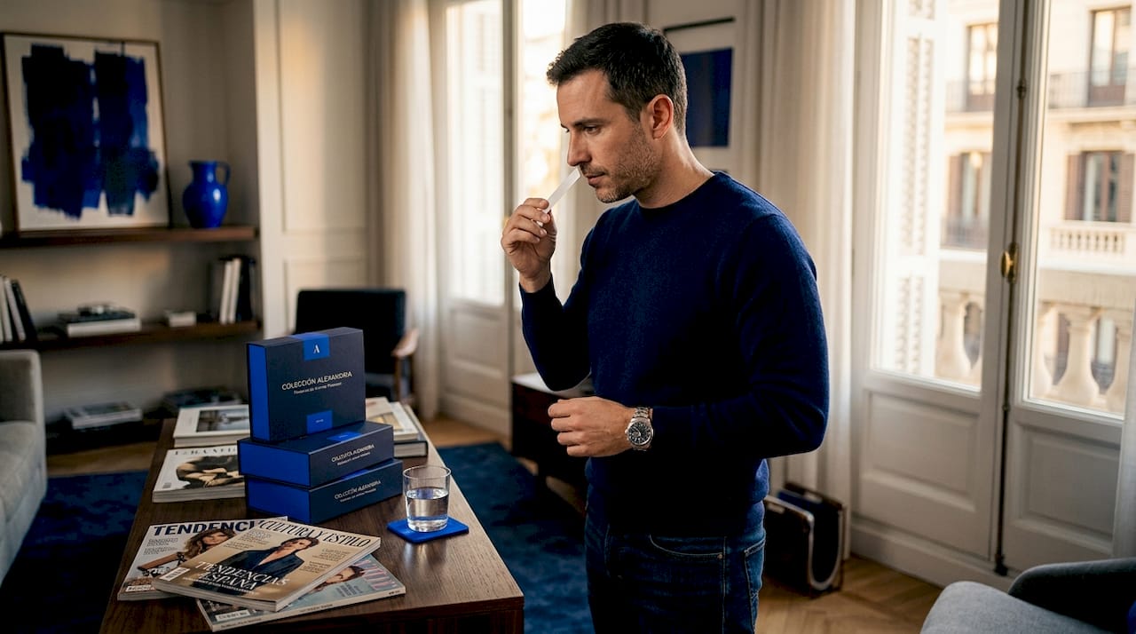Un hombre prueba un perfume de diseñador en la sala de su casa.