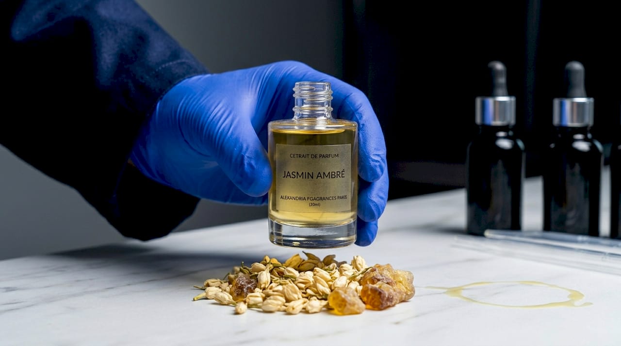 Une main saisit un extrait de parfum au milieu des matières premières.