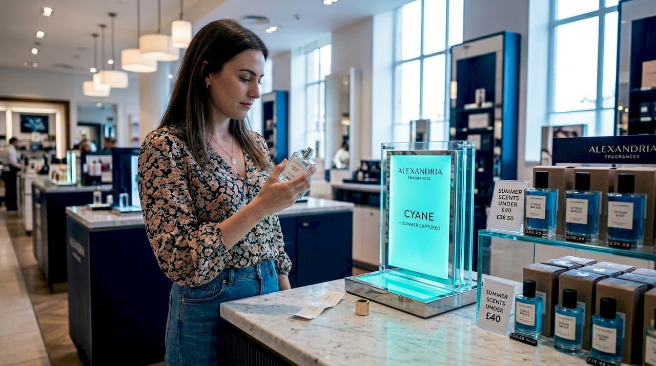 Testing summer perfumes at department store counter