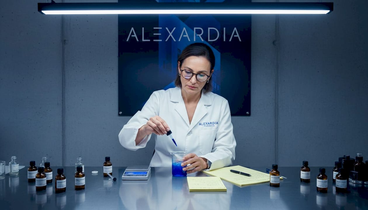 Experto perfumista creando nuevas fragancias en su laboratorio