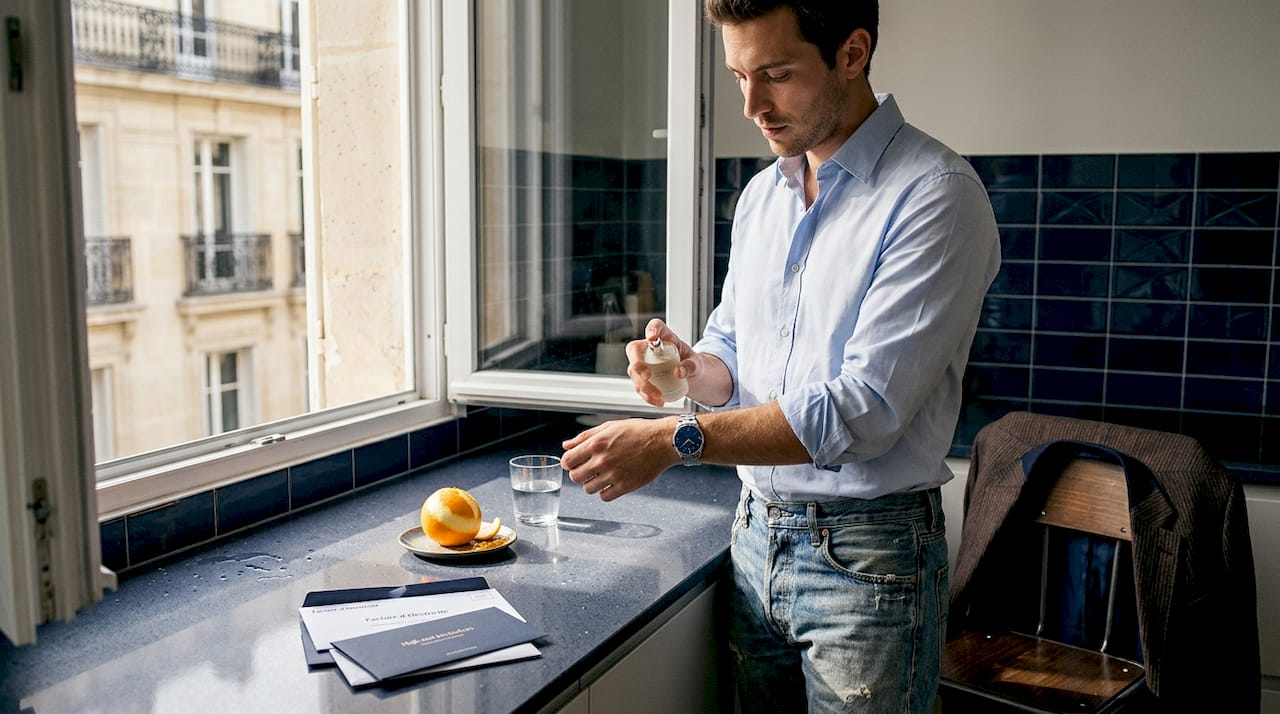 Man applying citrus cologne by window