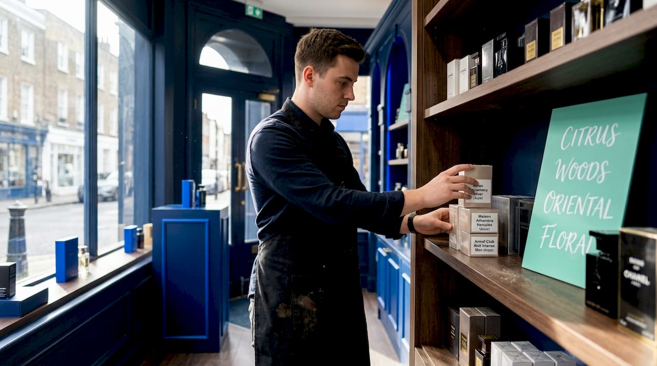 Retail worker arranging perfume dupe boxes