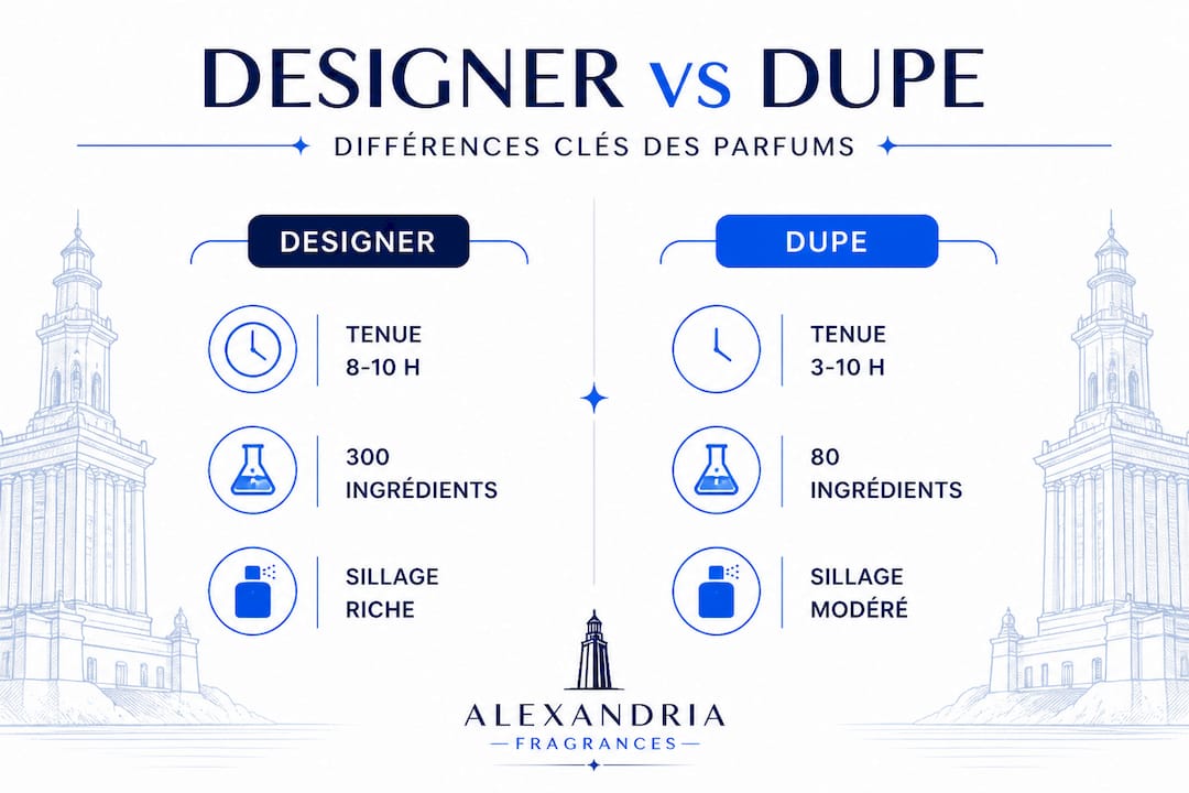 Infographie : comparaison entre parfums de créateurs et alternatives, durée de tenue et composition