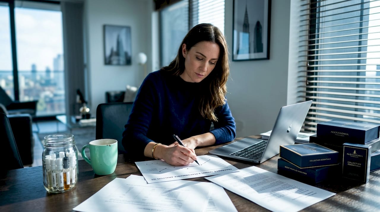 Perfume collector analyzing sales report