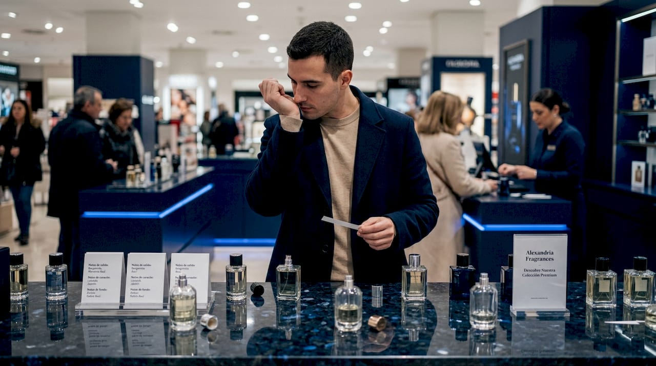 Hombre probando fragancias en una perfumería de grandes almacenes