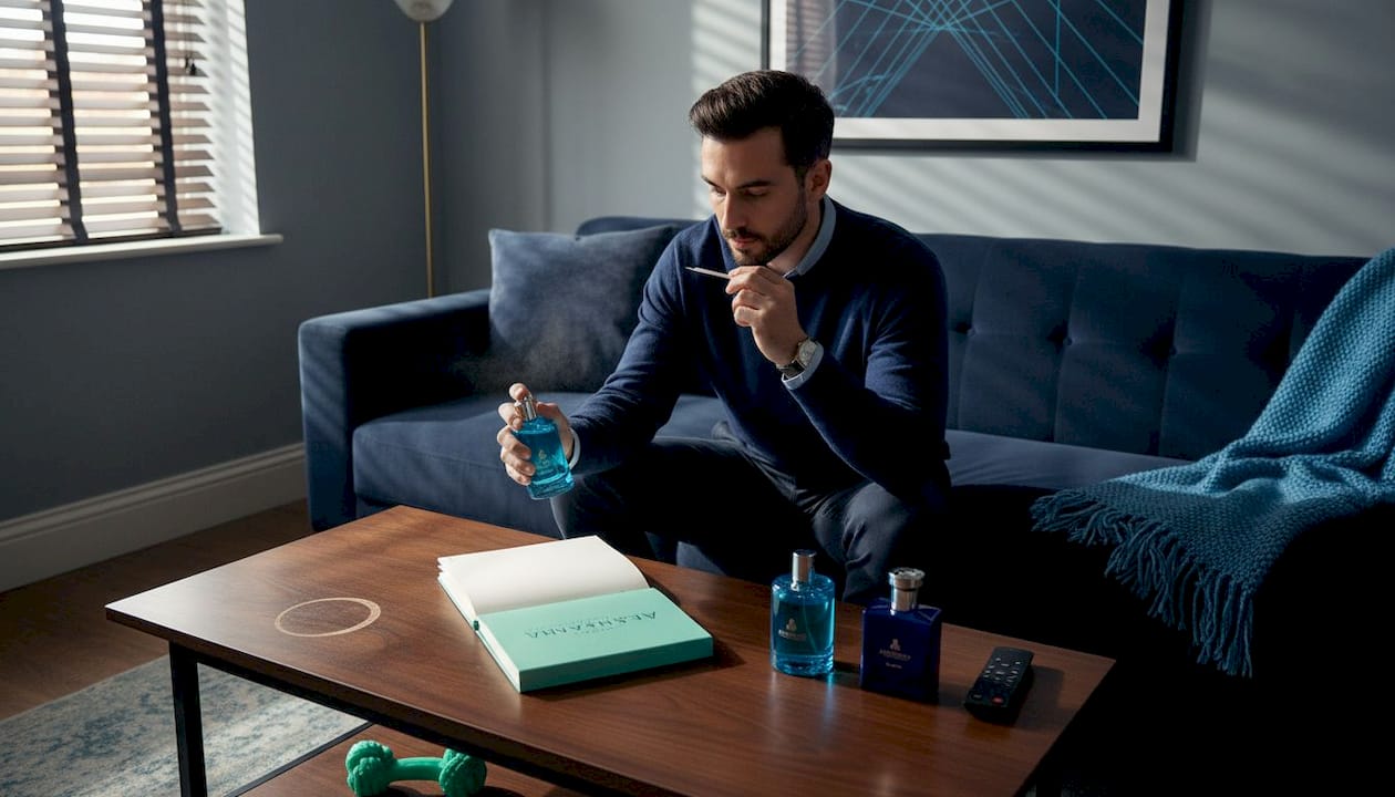 Man testing perfume impressions at home