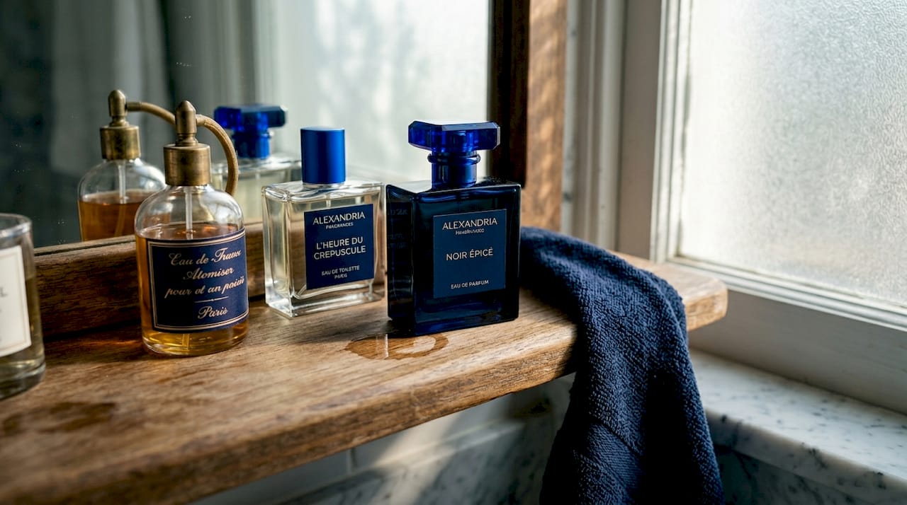 Zoom sur une jolie collection de parfums soigneusement disposée sur une étagère.