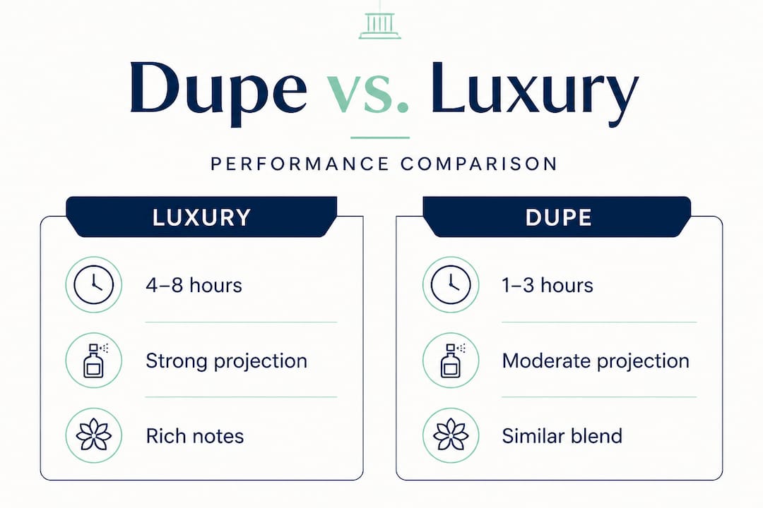Infographic comparing dupe and luxury fragrance performance